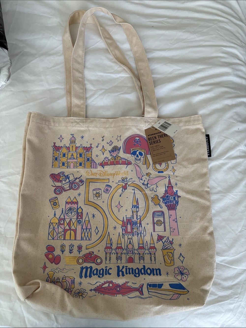 Starbucks Beige Magic Kingdom 50th Anniversary Tote with Multicolor Print